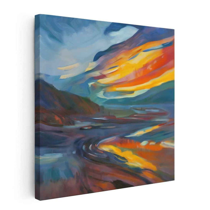 Blaze Over Horizon: Abstract Landscape with Fiery Sunset