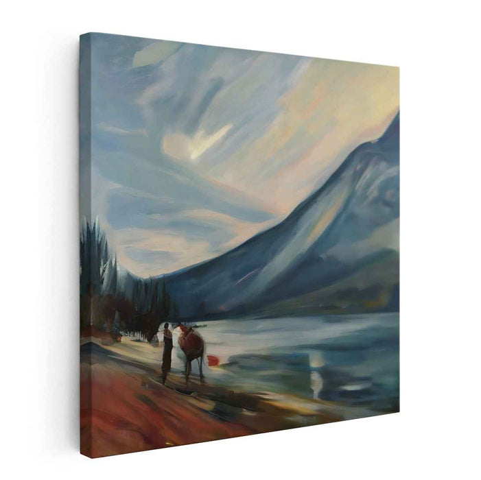 Nomad's Silent Traverse: Serene Mountain Landscape with Camel and Figure