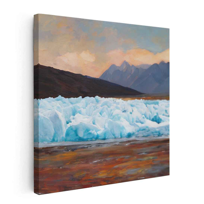 Ethereal Ice Flames: Majestic Glacier and Fiery Skies Landscape Canvas Art