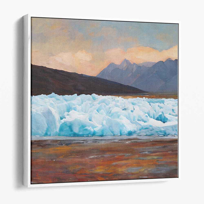 Ethereal Ice Flames: Majestic Glacier and Fiery Skies Landscape Canvas Art