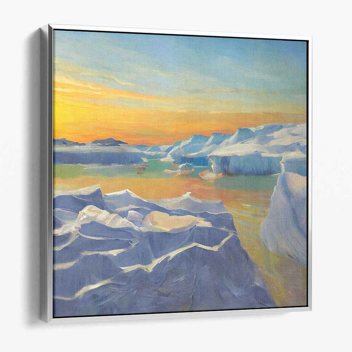 Serene Arctic Sunrise: Majestic Icebergs and Reflective Waters Canvas Art Print