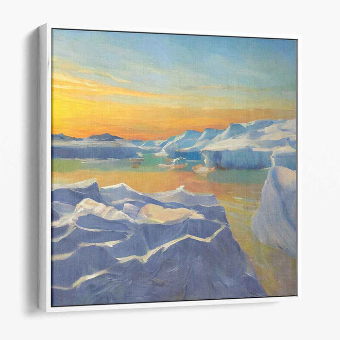 Serene Arctic Sunrise: Majestic Icebergs and Reflective Waters Canvas Art Print