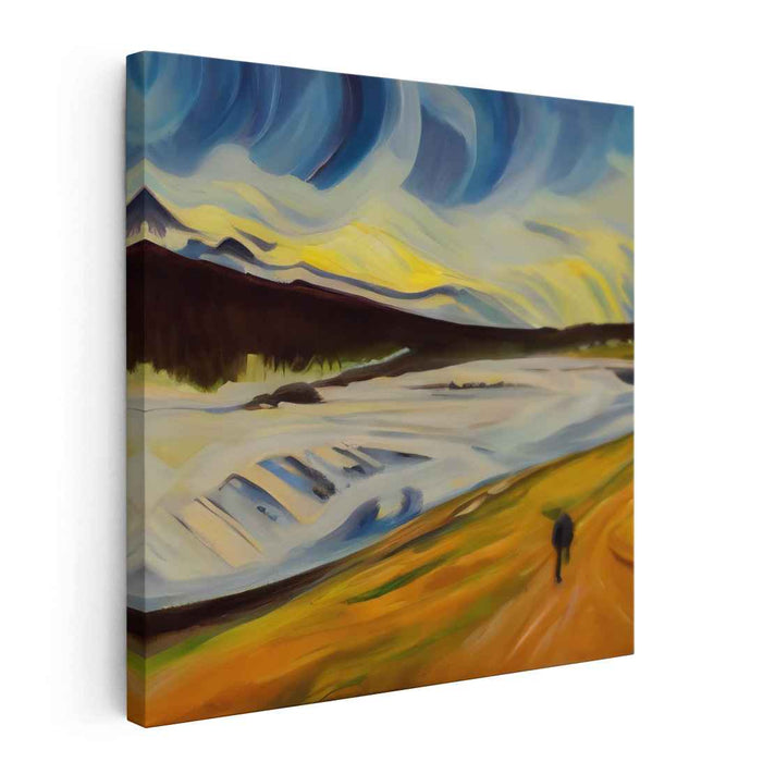 Solitary Wanderer: Dynamic Landscape with Vibrant Skies Canvas Art Print