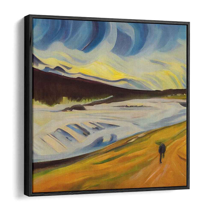 Solitary Wanderer: Dynamic Landscape with Vibrant Skies Canvas Art Print