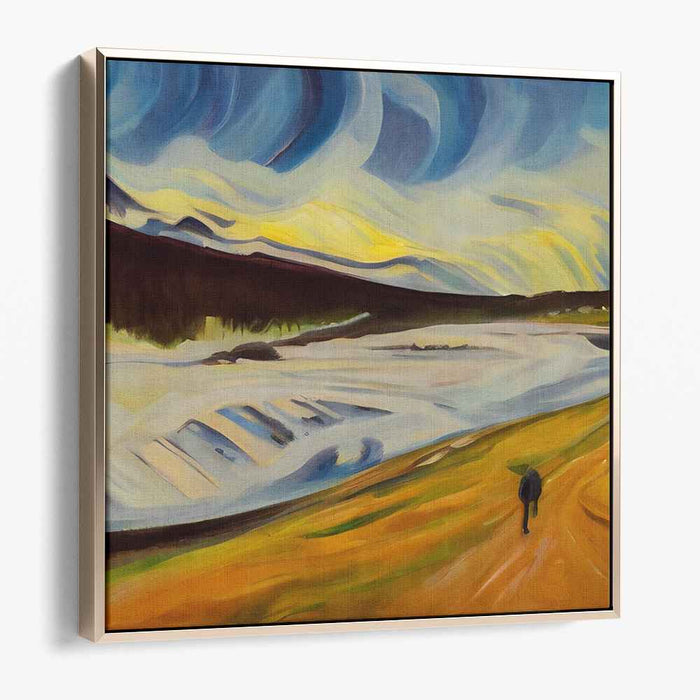 Solitary Wanderer: Dynamic Landscape with Vibrant Skies Canvas Art Print