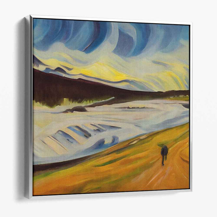 Solitary Wanderer: Dynamic Landscape with Vibrant Skies Canvas Art Print