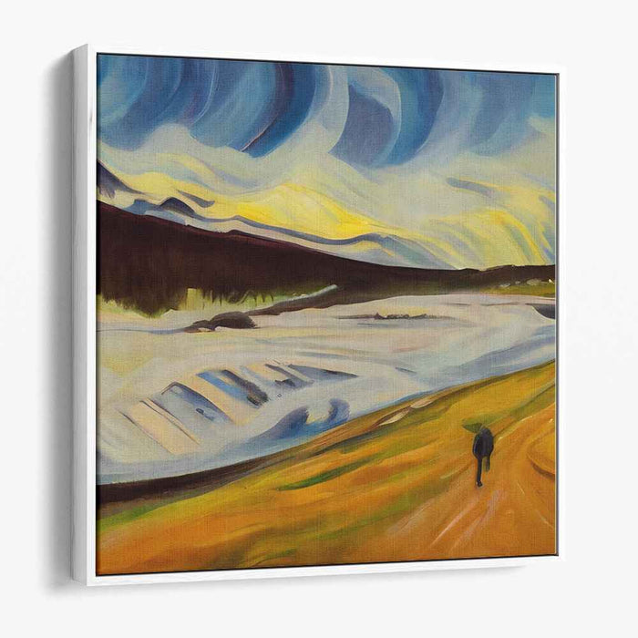 Solitary Wanderer: Dynamic Landscape with Vibrant Skies Canvas Art Print