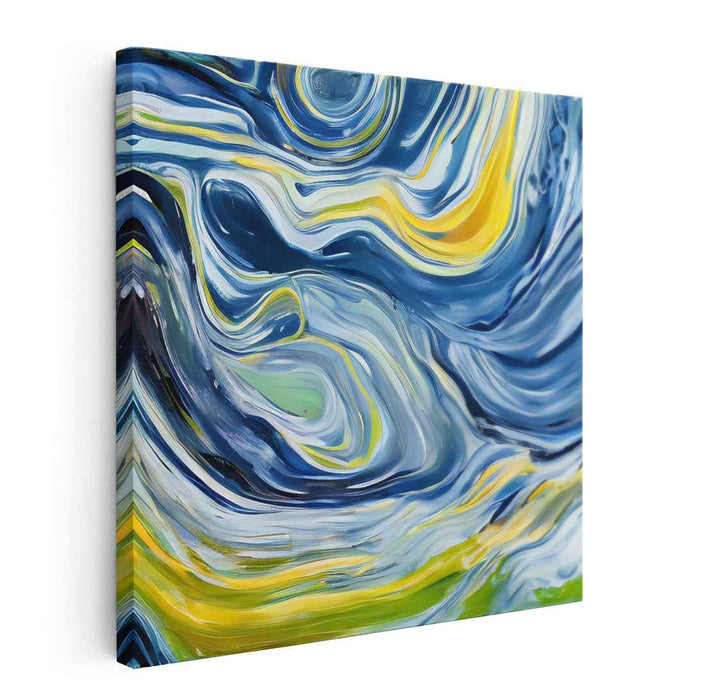 Electric Dreams Mirage: Dynamic Abstract Blue and Yellow Canvas Art Print
