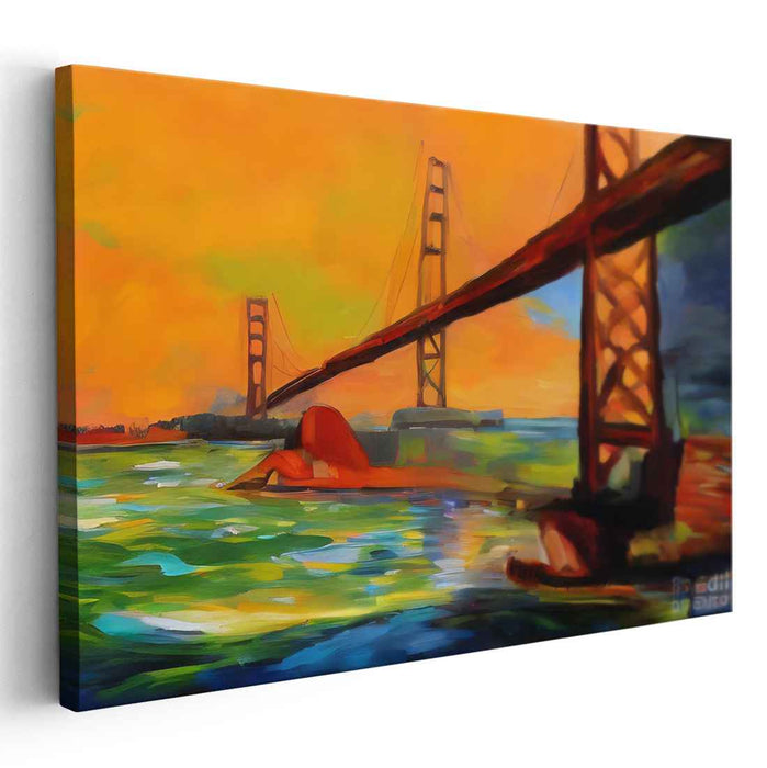 Tangerine Overpass Impressions: Vibrant Suspension Bridge in Fiery Orange Landscape Canvas Art