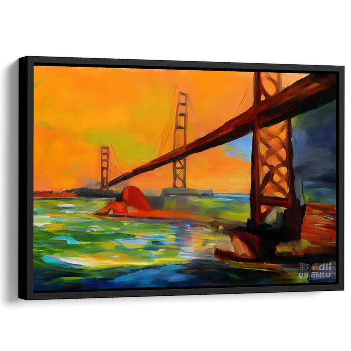 Tangerine Overpass Impressions: Vibrant Suspension Bridge in Fiery Orange Landscape Canvas Art