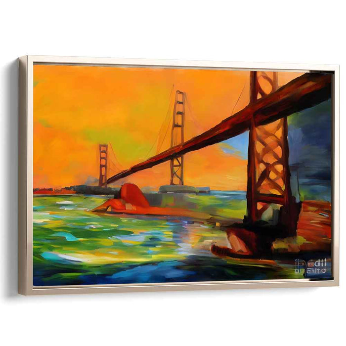Tangerine Overpass Impressions: Vibrant Suspension Bridge in Fiery Orange Landscape Canvas Art