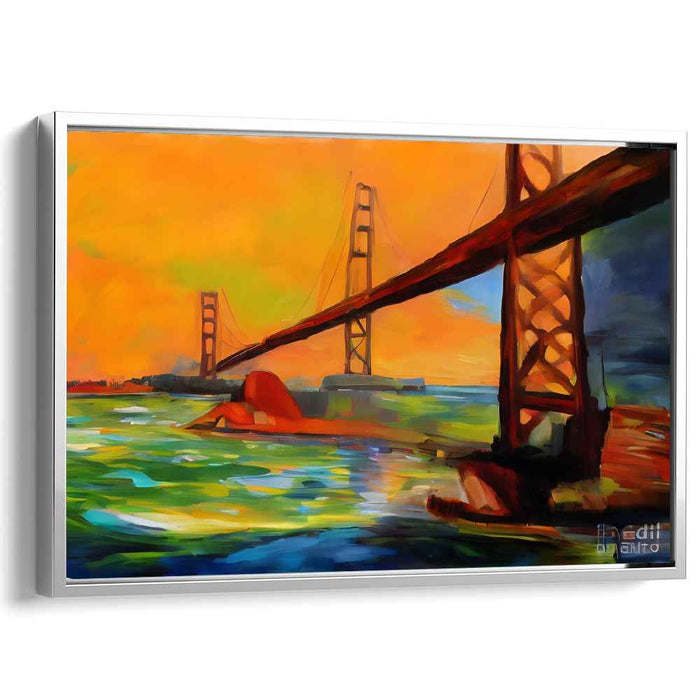 Tangerine Overpass Impressions: Vibrant Suspension Bridge in Fiery Orange Landscape Canvas Art