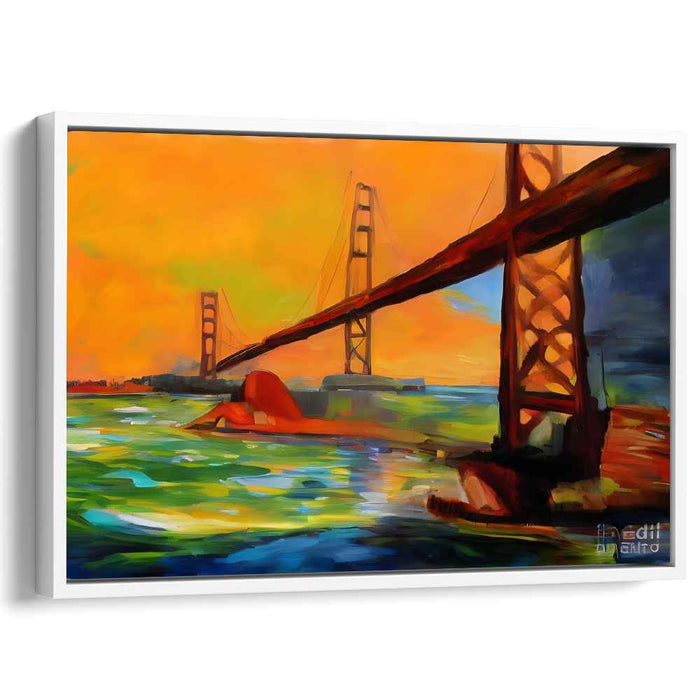 Tangerine Overpass Impressions: Vibrant Suspension Bridge in Fiery Orange Landscape Canvas Art