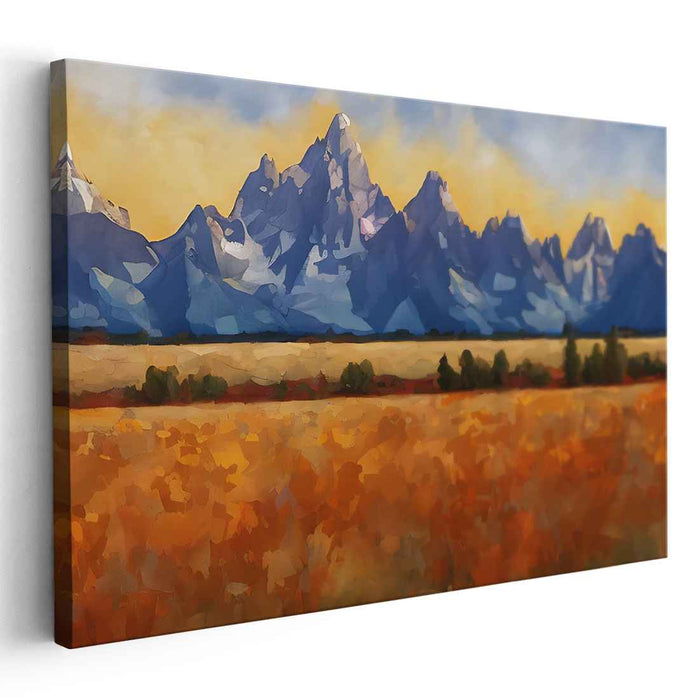 Sapphire Peaks Dancing Mist: Impressionist Mountain Landscape Canvas Art Print