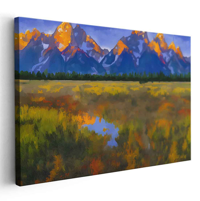 Ember Echoes Dance Across Canvas: Fiery Peaks and Autumn Reflections Canvas Art Print