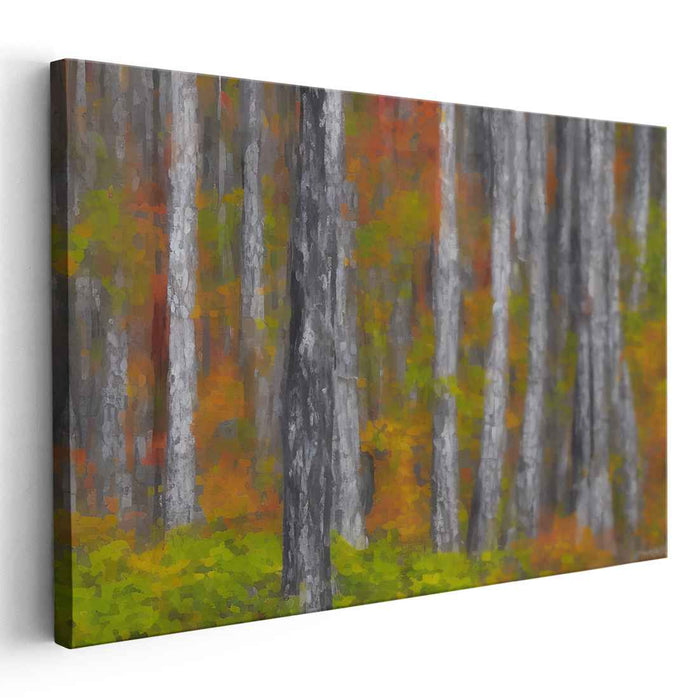 Whispers of Colorful Leaves: Pointillist Forest Canvas Art Print