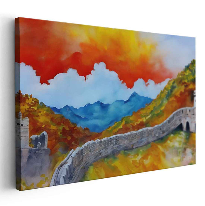 Autumn Blaze Over The Great Wall: Impressionist-Inspired Landscape Canvas Art