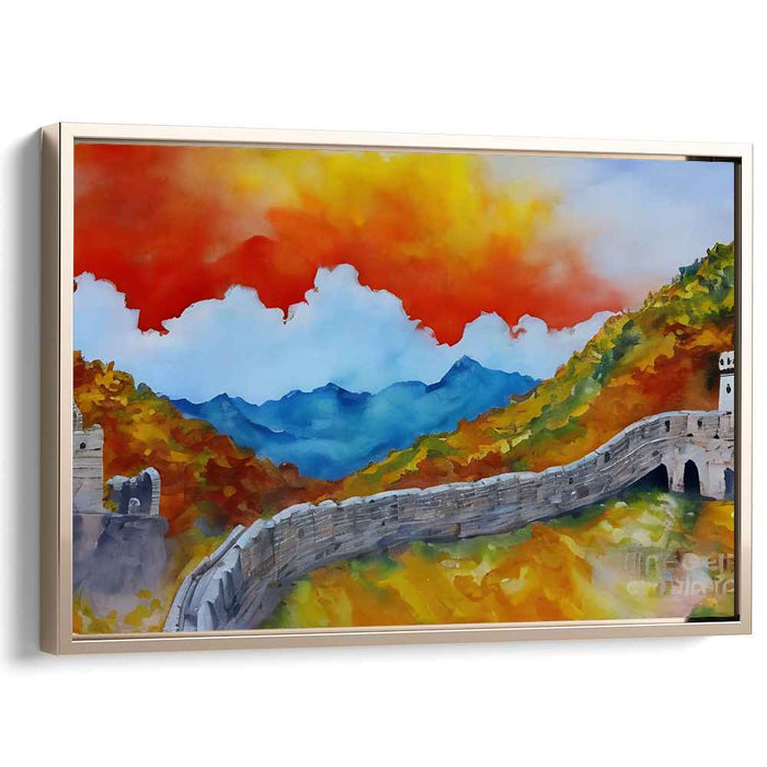 Autumn Blaze Over The Great Wall: Impressionist-Inspired Landscape Canvas Art