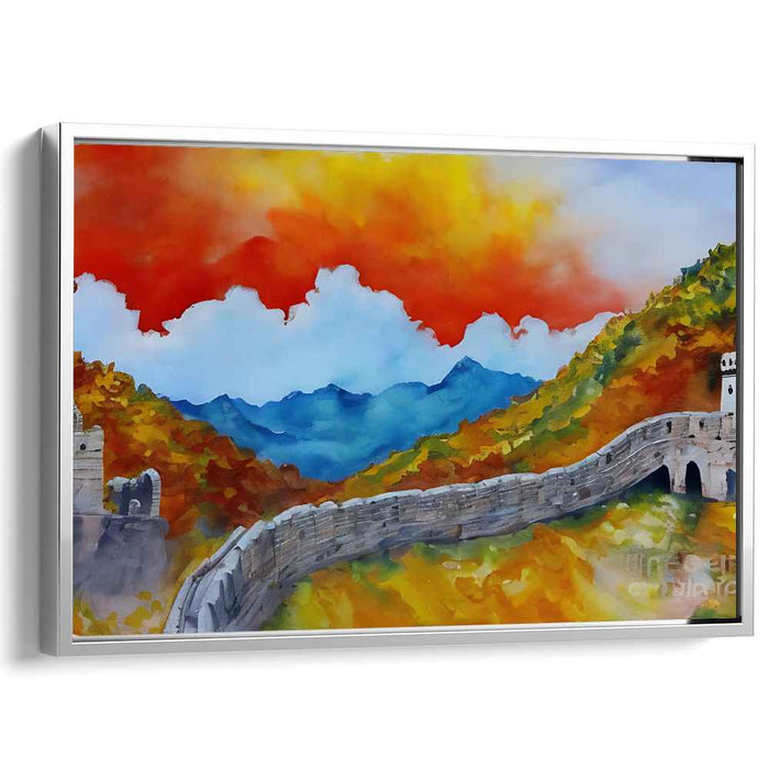 Autumn Blaze Over The Great Wall: Impressionist-Inspired Landscape Canvas Art