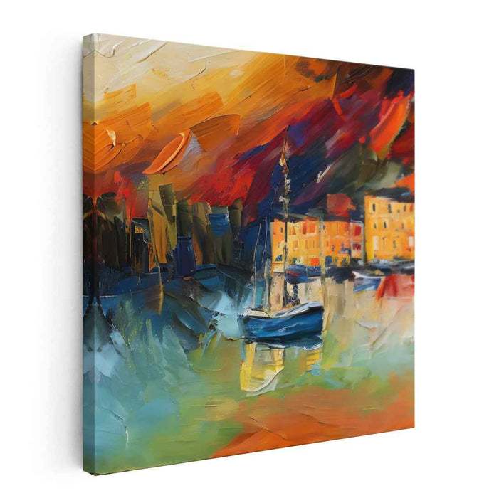 Harbor at Sunset: Vibrant Coastal Scene in Bold Brushstrokes