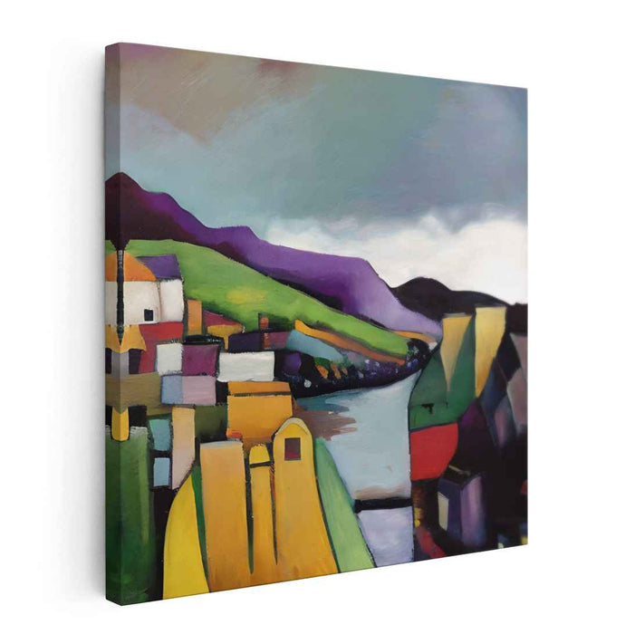 Vivid Geometric Landscape: Cubist River and Hills Canvas Art Print