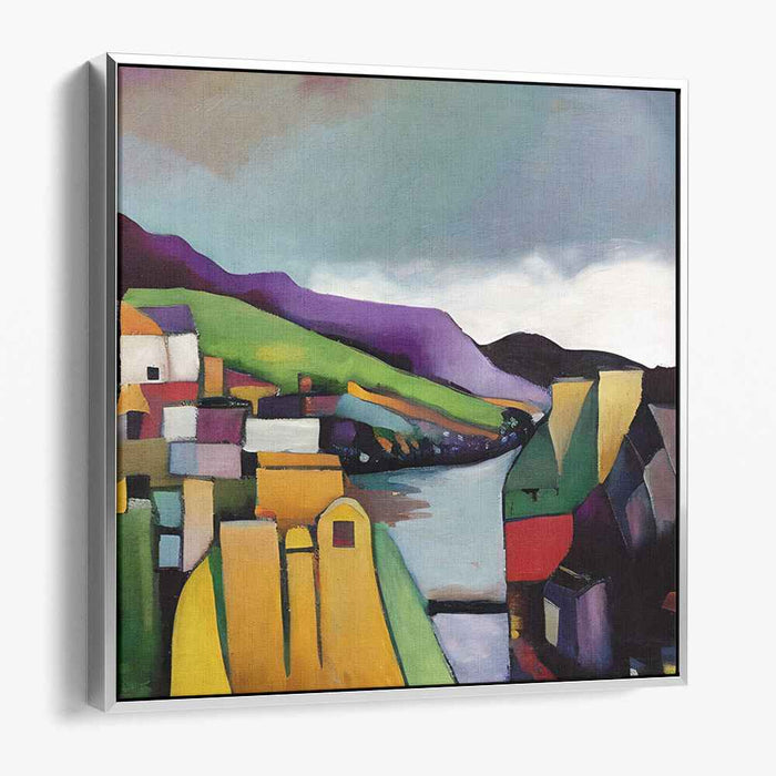 Vivid Geometric Landscape: Cubist River and Hills Canvas Art Print