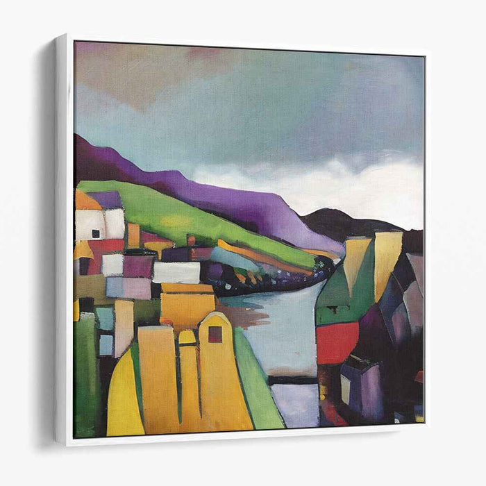 Vivid Geometric Landscape: Cubist River and Hills Canvas Art Print
