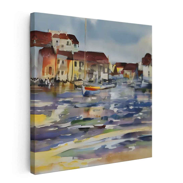 Serene Coastal Reflections: Watercolor Harbor Scene