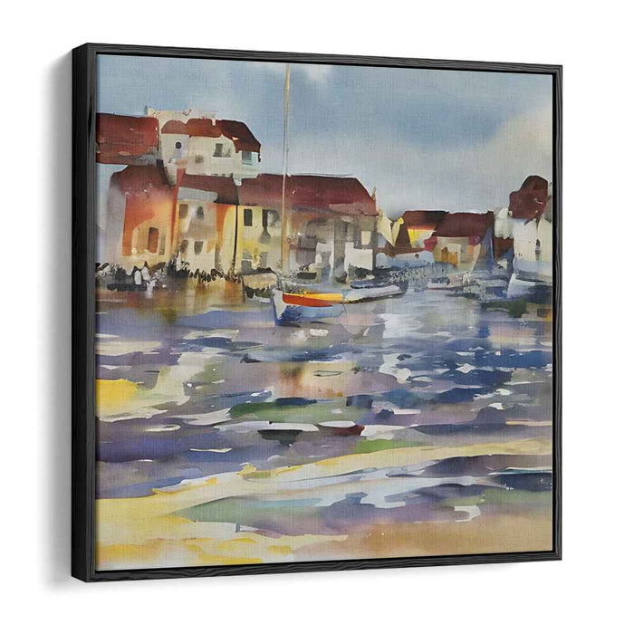 Serene Coastal Reflections: Watercolor Harbor Scene