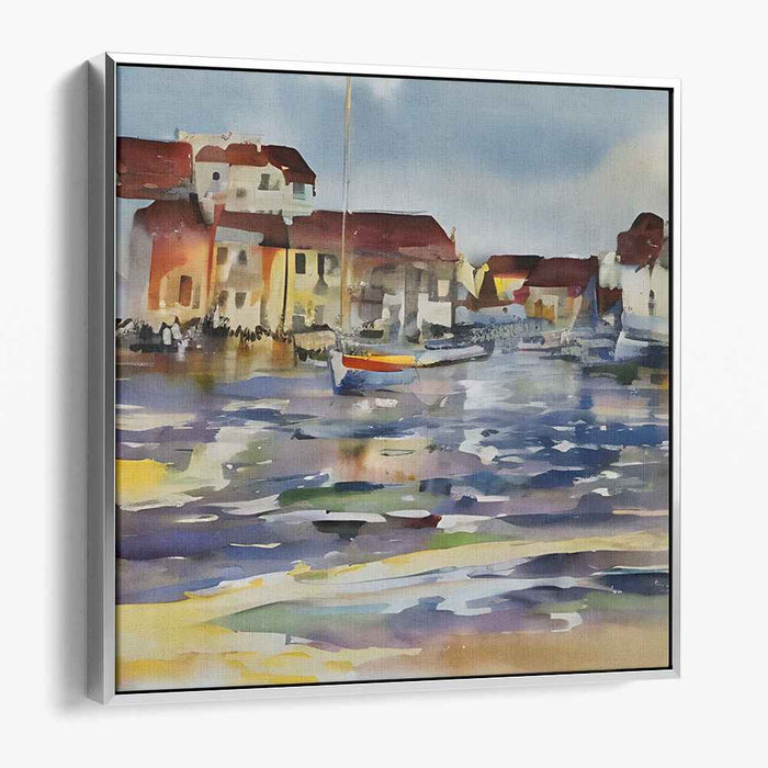 Serene Coastal Reflections: Watercolor Harbor Scene