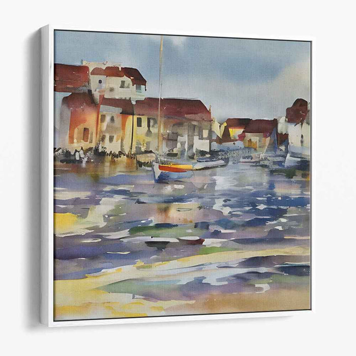 Serene Coastal Reflections: Watercolor Harbor Scene