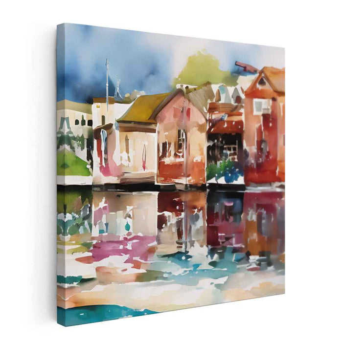 Aquarelle Hamlet Tribute: Impressionistic Watercolor Lakeside Village Canvas Art