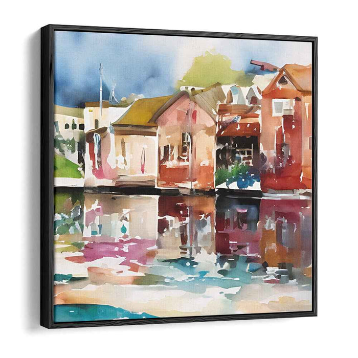Aquarelle Hamlet Tribute: Impressionistic Watercolor Lakeside Village Canvas Art