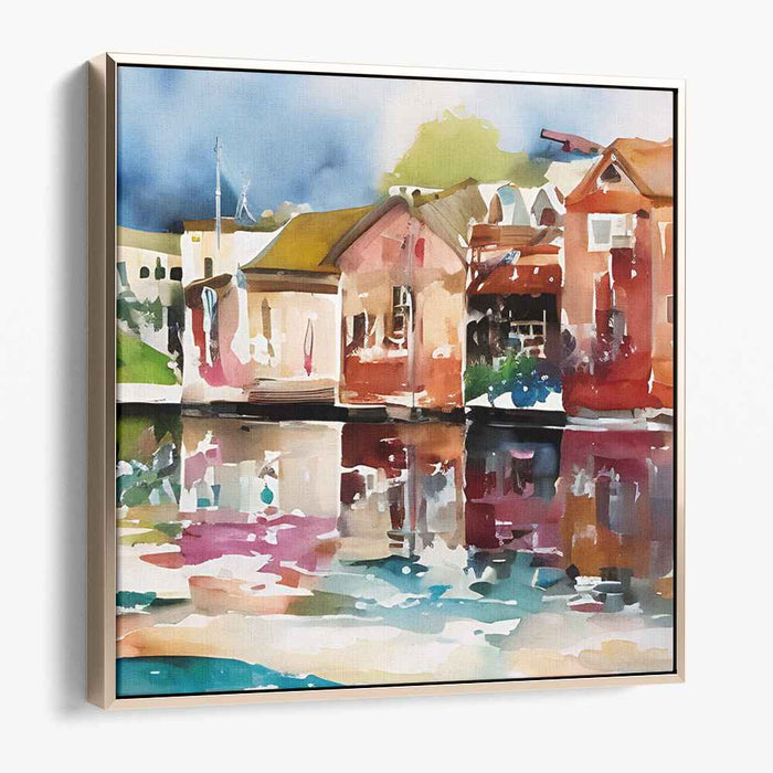 Aquarelle Hamlet Tribute: Impressionistic Watercolor Lakeside Village Canvas Art