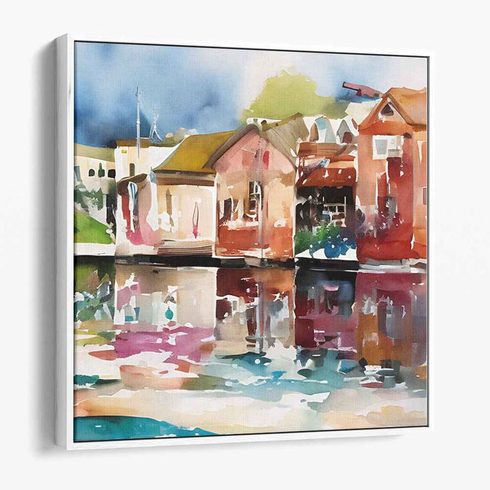 Aquarelle Hamlet Tribute: Impressionistic Watercolor Lakeside Village Canvas Art