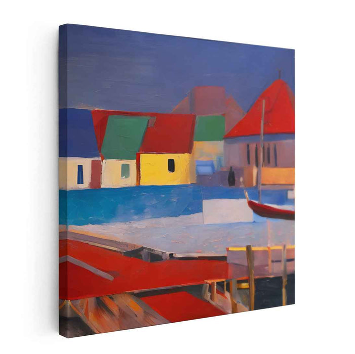 Harmony of Shapes and Shadows: Abstract Geometric Village Scene