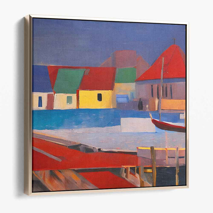 Harmony of Shapes and Shadows: Abstract Geometric Village Scene