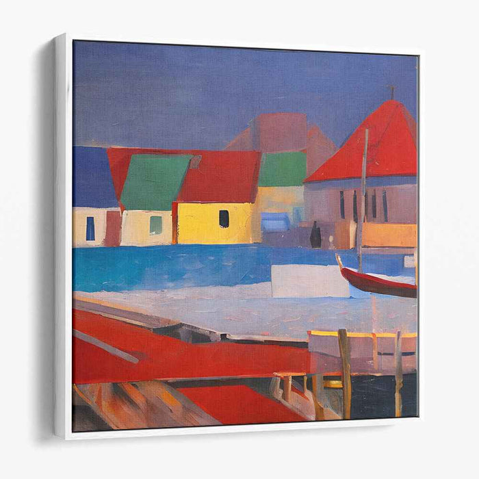 Harmony of Shapes and Shadows: Abstract Geometric Village Scene