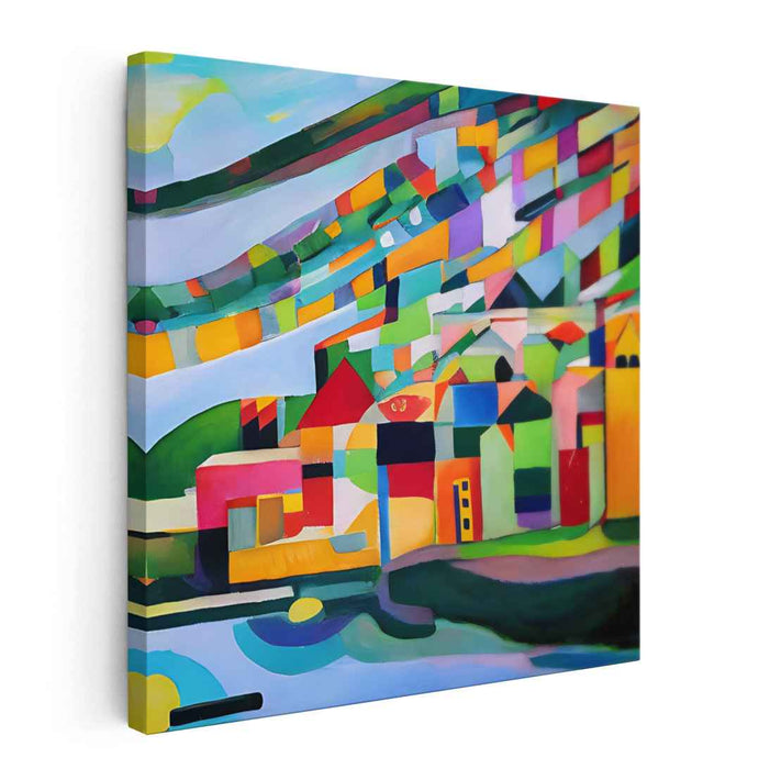 Vibrant Mosaic Village: Abstract Cubist Landscape Canvas Art Print