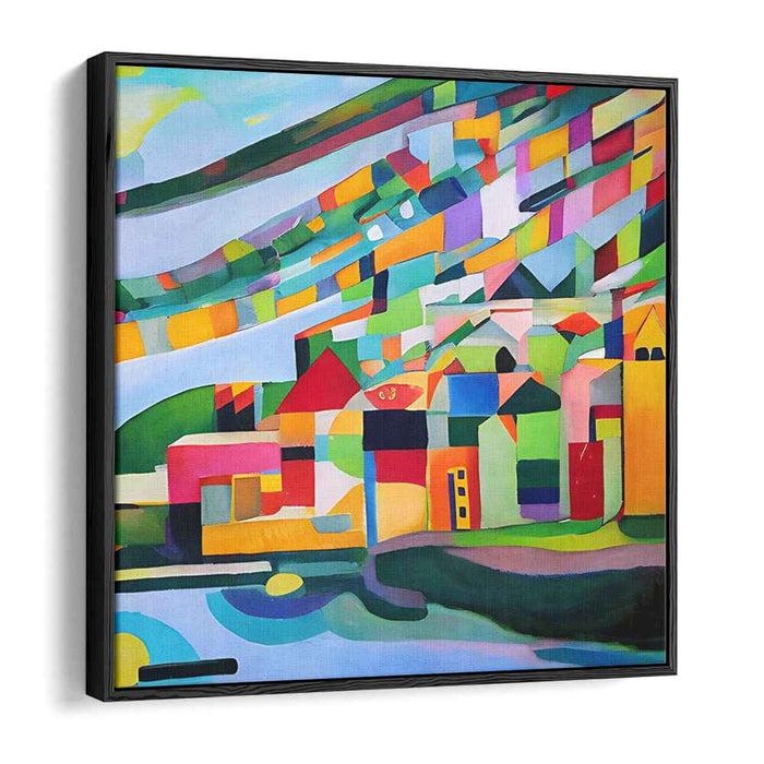 Vibrant Mosaic Village: Abstract Cubist Landscape Canvas Art Print