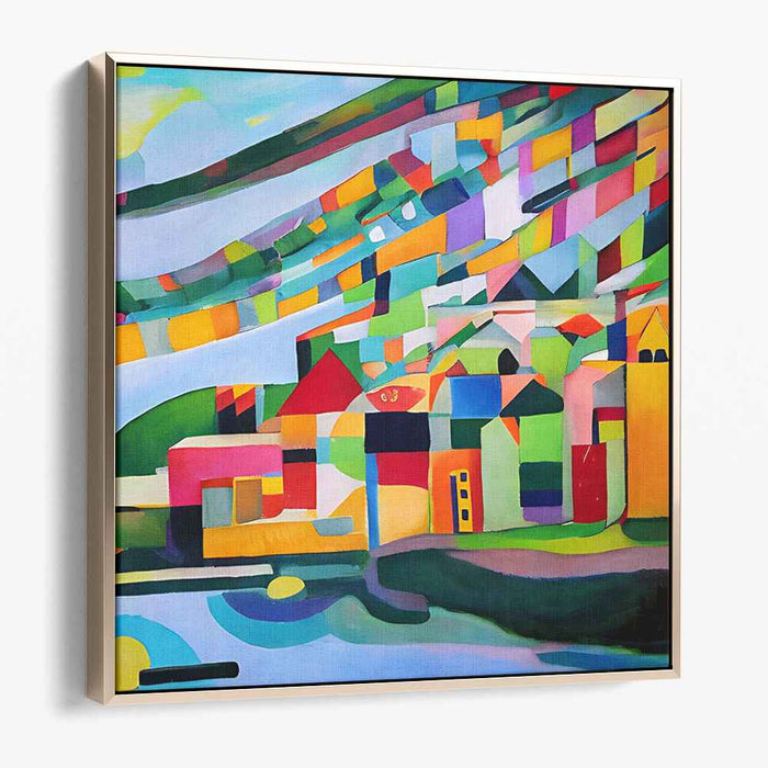 Vibrant Mosaic Village: Abstract Cubist Landscape Canvas Art Print