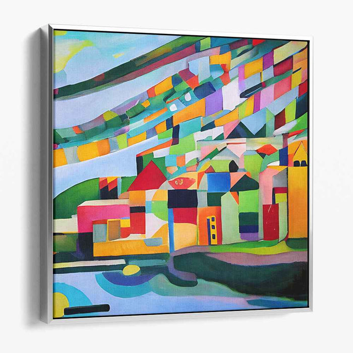 Vibrant Mosaic Village: Abstract Cubist Landscape Canvas Art Print