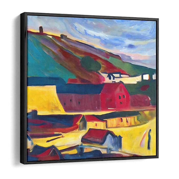 Crimson Barns: Vivid Landscape with Red Barns Canvas Art
