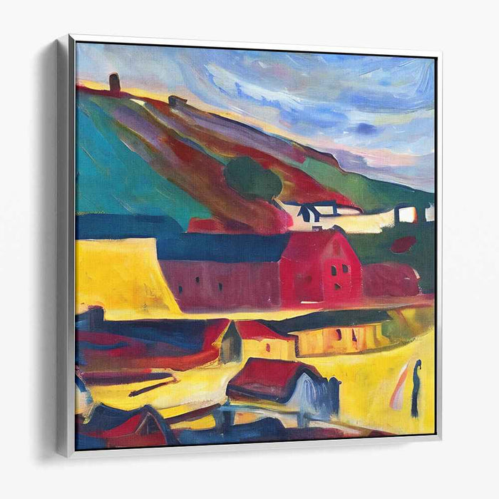 Crimson Barns: Vivid Landscape with Red Barns Canvas Art