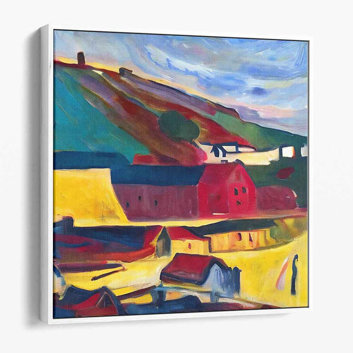 Crimson Barns: Vivid Landscape with Red Barns Canvas Art
