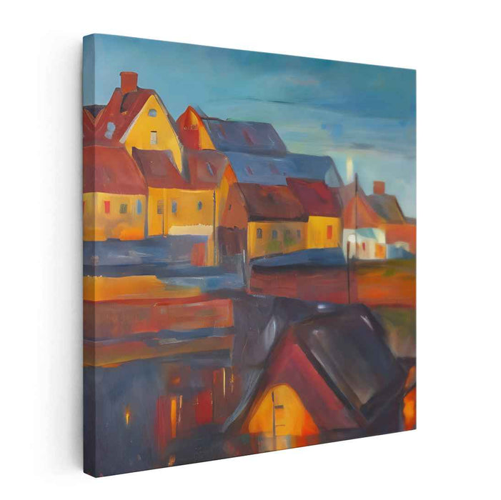 Twilight Tapestry Town: Vibrant Townscape at Dusk Canvas Art Print