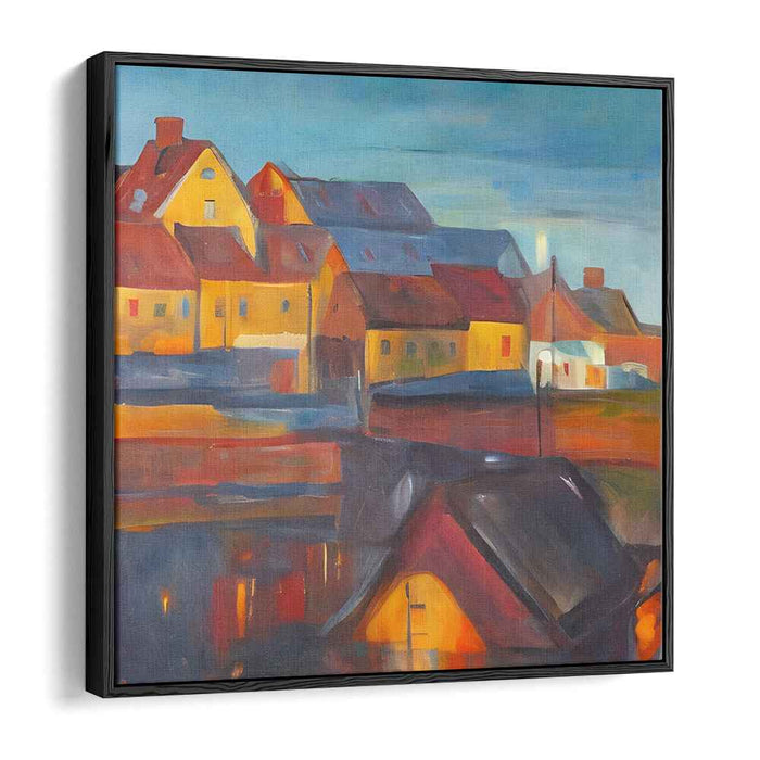 Twilight Tapestry Town: Vibrant Townscape at Dusk Canvas Art Print
