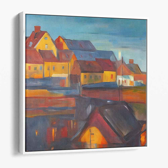 Twilight Tapestry Town: Vibrant Townscape at Dusk Canvas Art Print