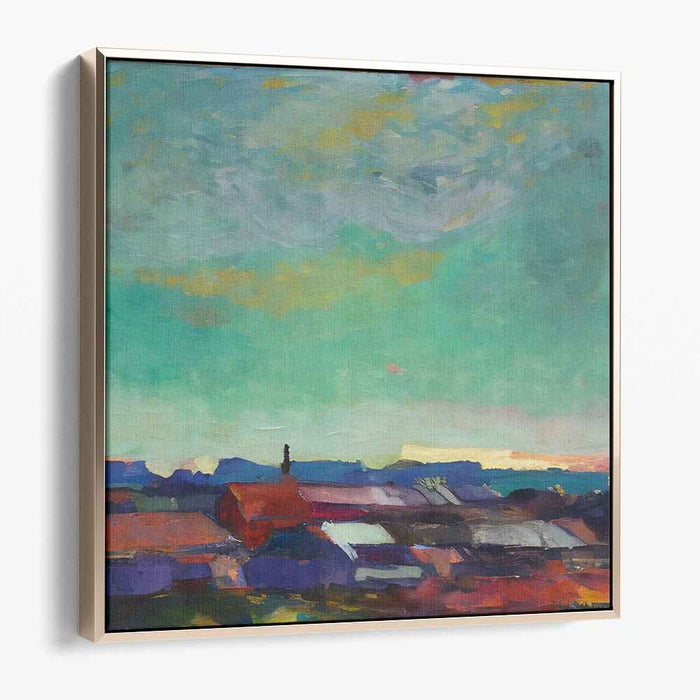 Dusk on Weathered Eaves: Tranquil Sunset Over Rustic Rooftops