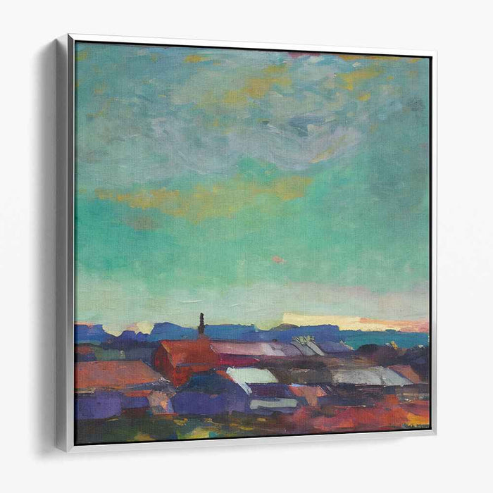 Dusk on Weathered Eaves: Tranquil Sunset Over Rustic Rooftops